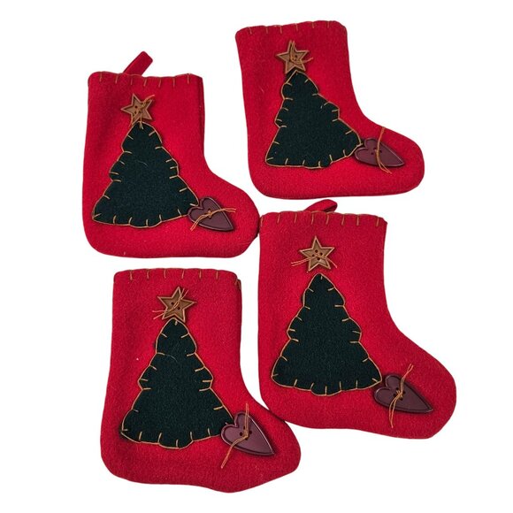 Mini Christmas Stocking Set of 18 Ornaments Red Green Felt With Applique Designs - Picture 6 of 10
